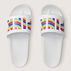 🔥PINK Victoria's Secret White Slide Sandals with Rainbow Logo Sz small 5/6